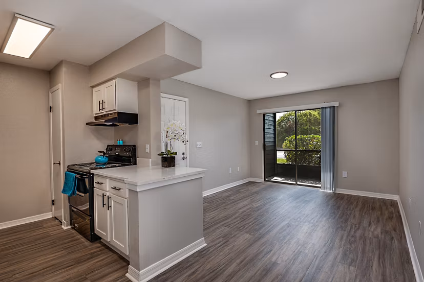 Spacious modern kitchen with stainless steel appliances at Lake Pointe Apartments