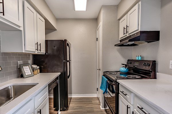 Modern kitchen with stainless steel appliances in Lake Pointe Apartments