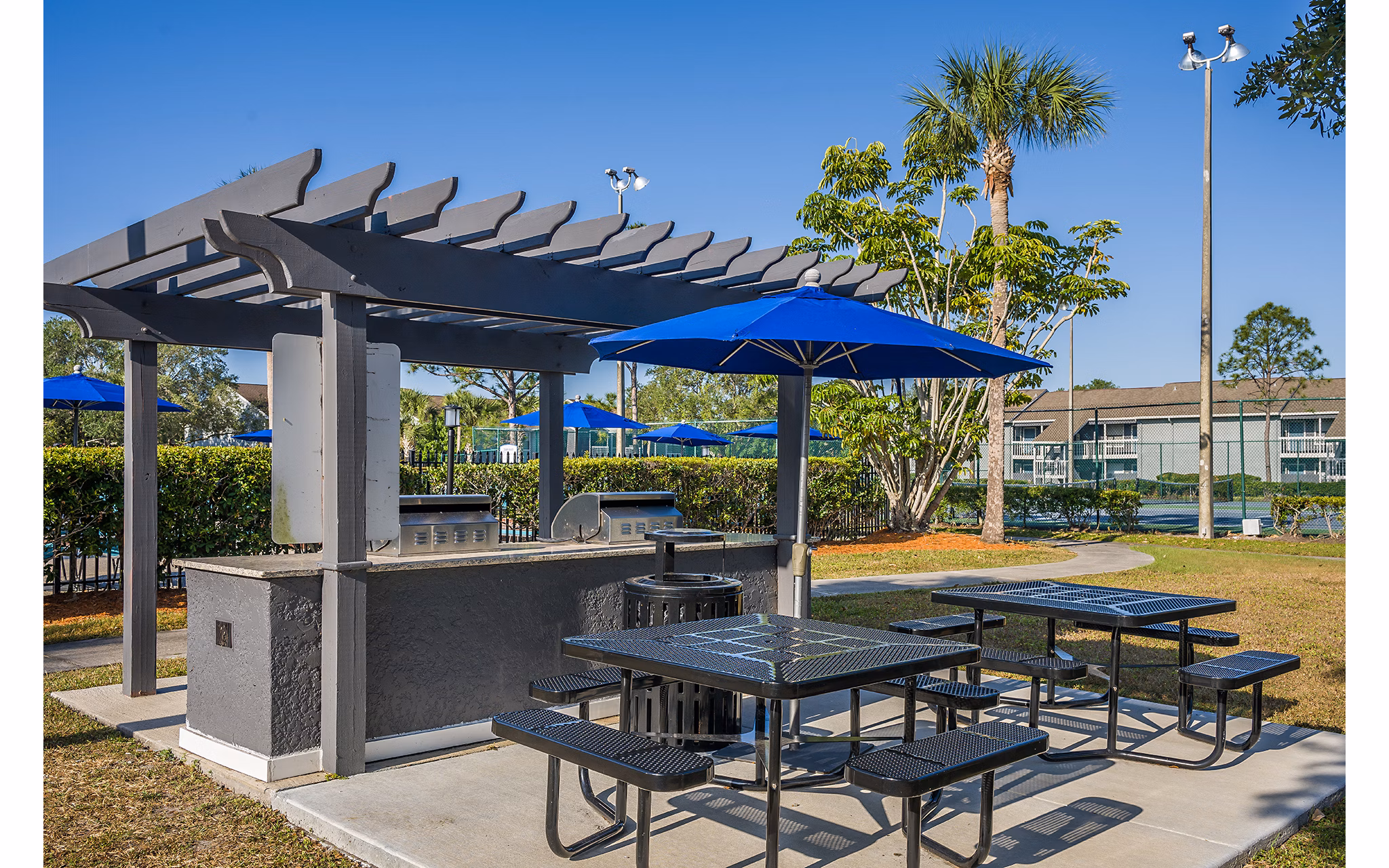 Outdoor grill area at Lake Pointe Apartments featuring modern BBQ stations and seating, ideal for hosting gatherings and enjoying community amenities