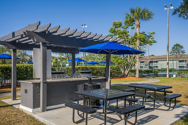 Outdoor grill area at Lake Pointe Apartments featuring modern BBQ stations and seating, ideal for hosting gatherings and enjoying community amenities