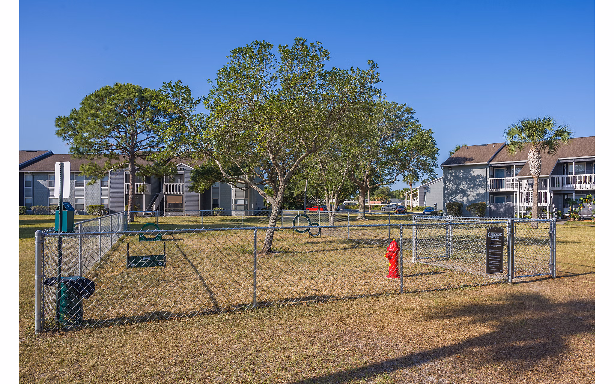 Dog park with agility equipment at Lake Pointe Apartments, perfect for pet-friendly living in a vibrant community