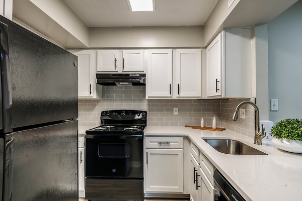 Modern kitchen with stainless steel appliances at The Vinyards Apartments, offering luxury living spaces and elegant design