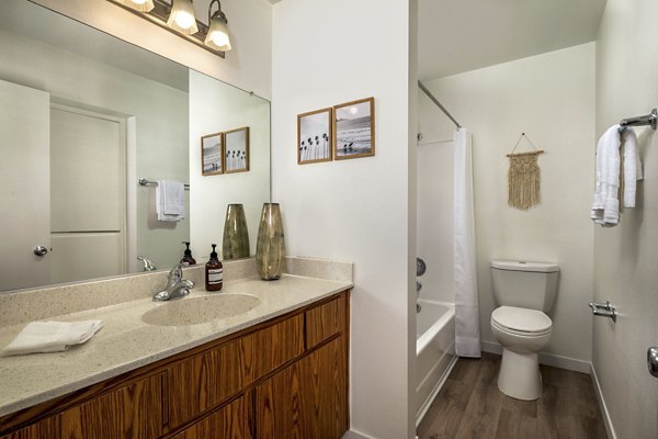 Contemporary bathroom with sleek fixtures at Windscape Village Apartments