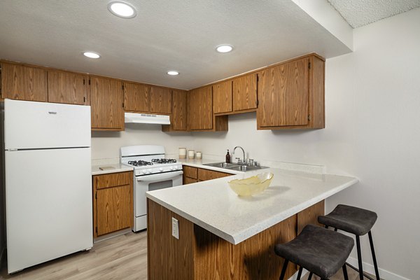 Kitchen with modern appliances and sleek countertops at Windscape Village Apartments