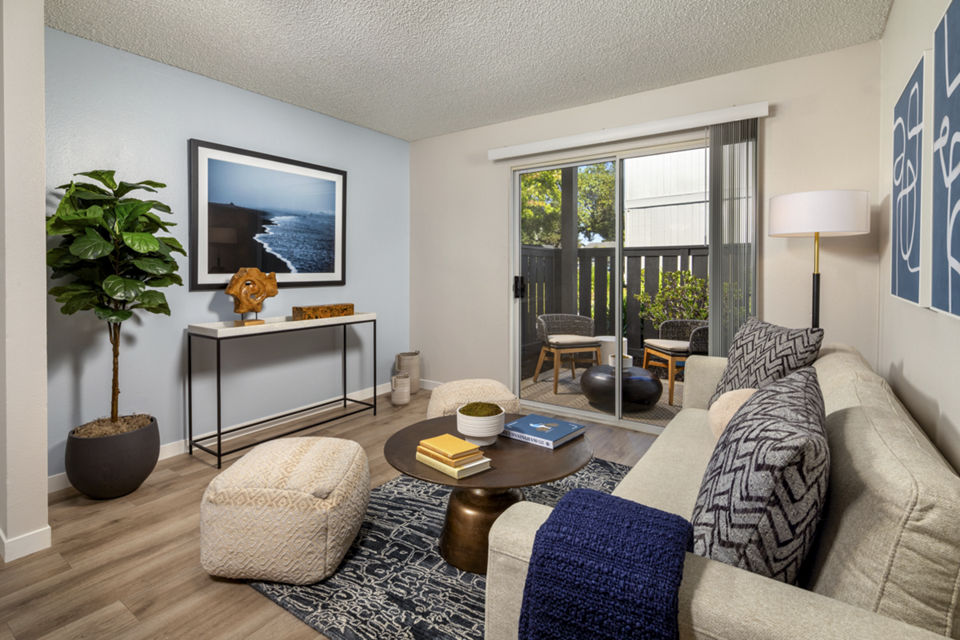 Entry and living room with modern decor at Windscape Village Apartments, a luxury apartment community