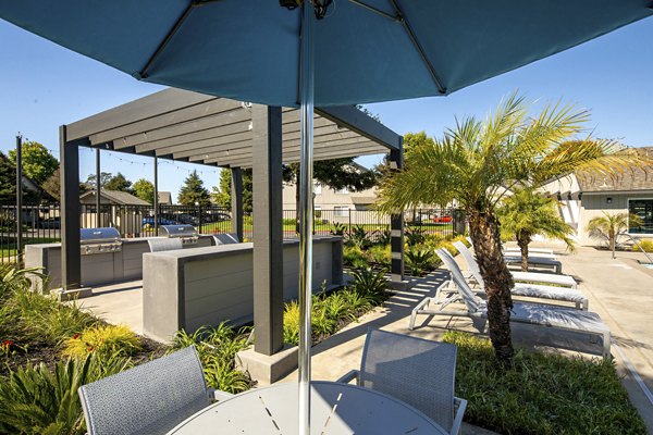 Grill area with seating and shade at Windscape Village Apartments