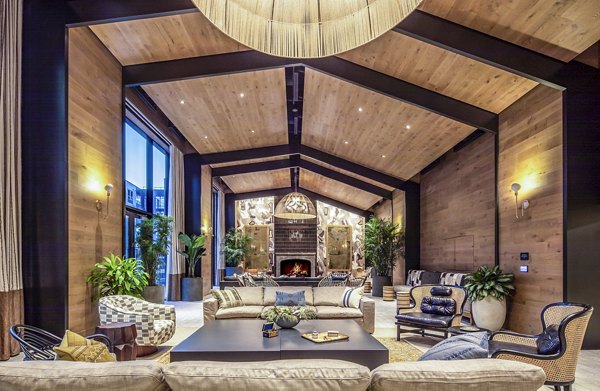 The Lucie Apartments: Spacious living room with a wooden ceiling, modern furniture, and fireplace