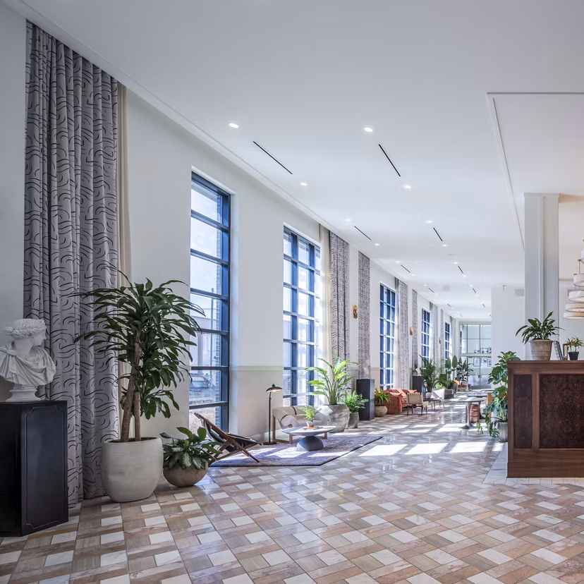 Modern lounge with sofas, plants, and large windows in The Lucie Apartments