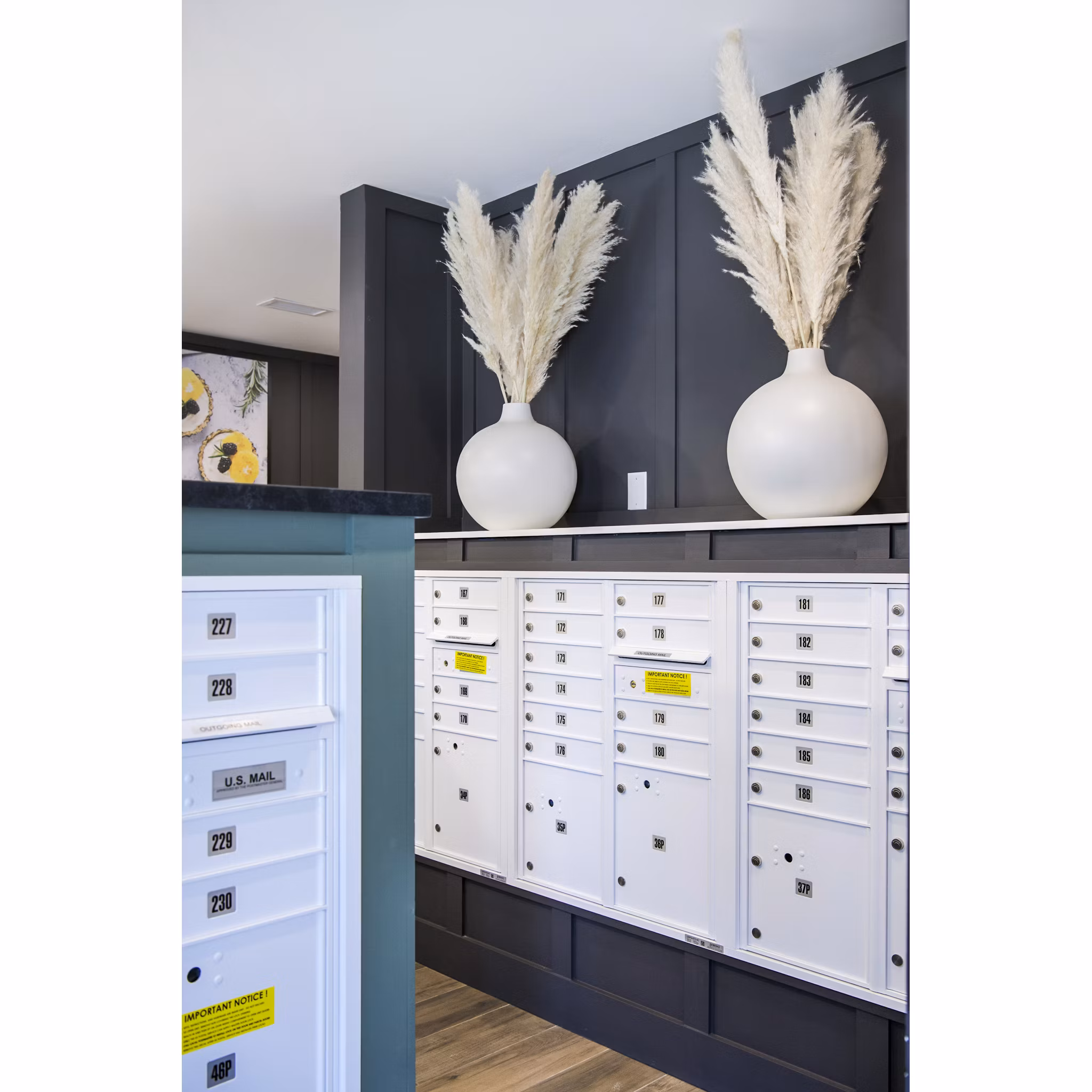 Mail room with modern design at Novel Cary Apartments, a premier location for luxury living prepared to meet your package delivery needs