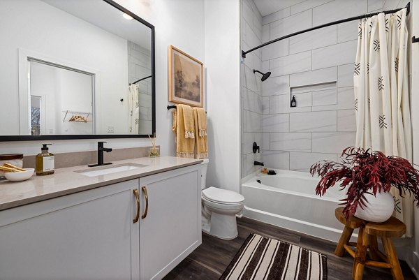 Modern bathroom featuring sleek fixtures at The Pace at Holding Village Apartments, offering luxury living through contemporary design and comfort
