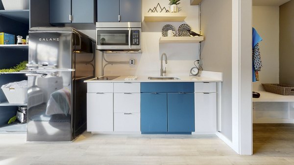 Modern kitchen with stainless steel appliances at River Roost Apartments, a Greystar luxury community