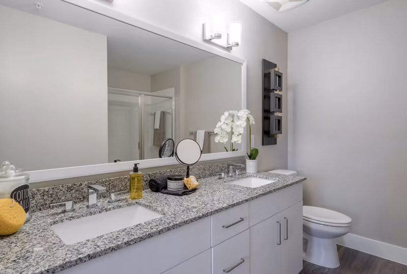 Spa-like bathroom featuring marble countertops and modern fixtures in The Palms at Cape Coral Apartments