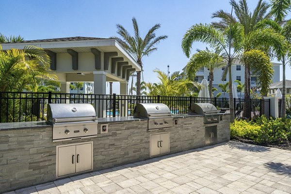 Outdoor grill area with modern appliances at The Palms at Cape Coral Apartments, perfect for hosting gatherings and enjoying the Florida weather