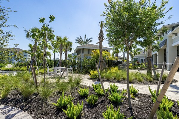 The Palms at Cape Coral: Tranquil courtyard with lush landscaping at luxury apartments