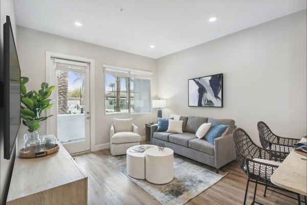 Spacious living room with modern decor at Overture North Scottsdale luxury apartments