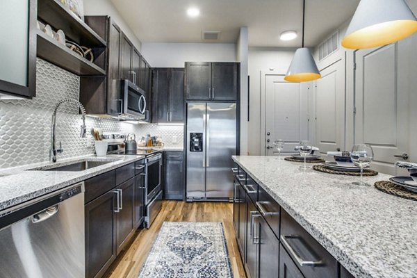 Modern kitchen with stainless steel appliances at Bluffs at Midway Hollow Apartments