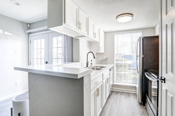 Modern kitchen with stainless steel appliances and sleek countertops at The Lumiere Apartments