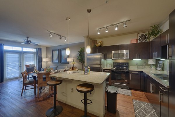 Modern kitchen with stainless steel appliances at Regard at Med Center Apartments