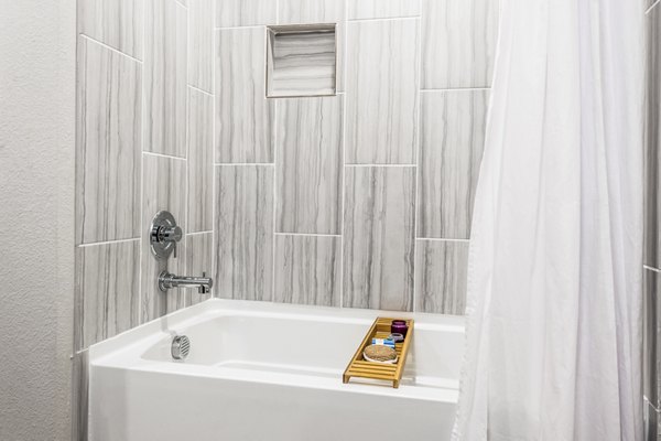 Bathroom featuring modern fixtures at Tribute at the Rim Apartments in San Antonio, Texas