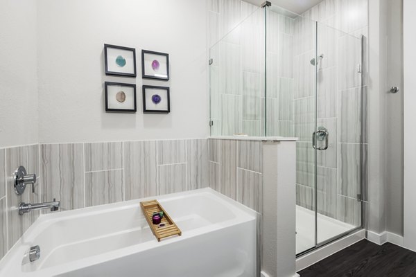 Modern bathroom with sleek fixtures and elegant tiling in Tribute at the Rim Apartments