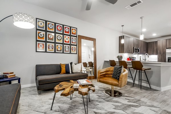 Spacious living room featuring modern decor at Tribute at the Rim Apartments, offering luxury living in a vibrant community setting