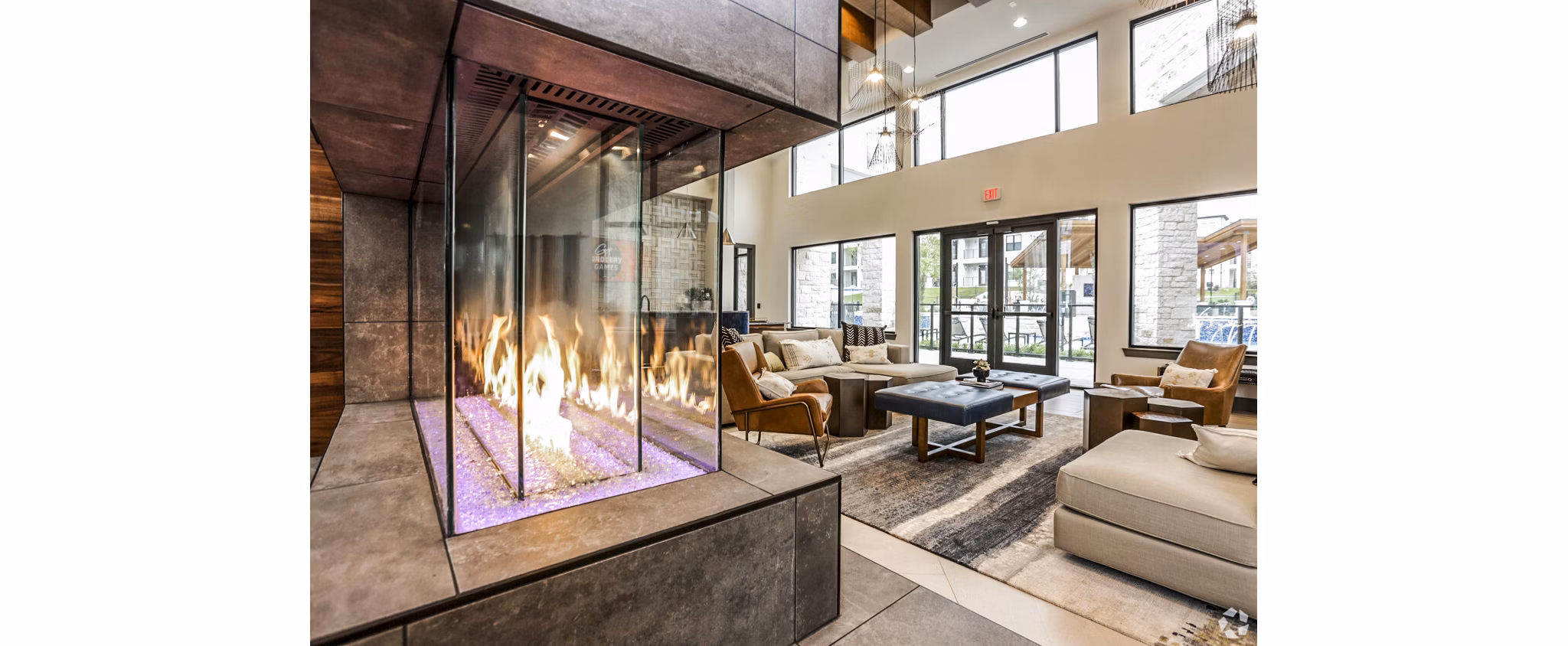 Clubhouse with modern design and spacious seating at TruNorth at Bulverde Apartments