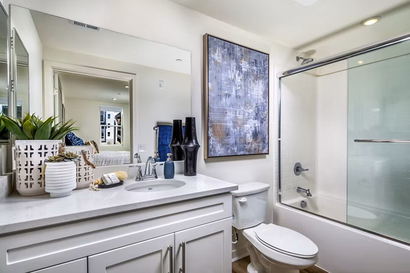 Stylish bathroom with marble countertops and modern fixtures at Azul Chula Vista Apartments