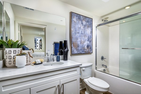 Stylish bathroom with marble countertops and modern fixtures at Azul Chula Vista Apartments