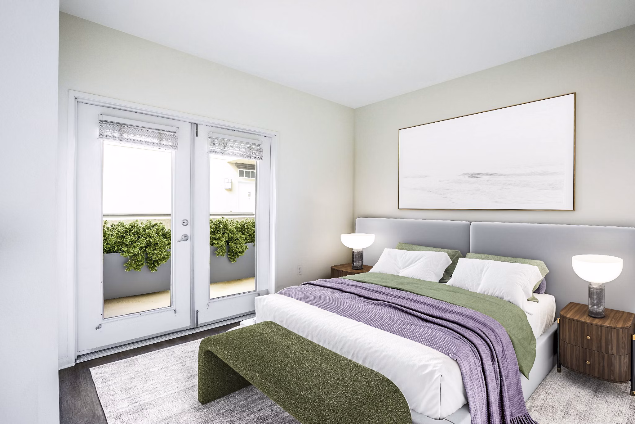 Cozy bedroom with stylish furnishings and large window at The Heritage Apartments