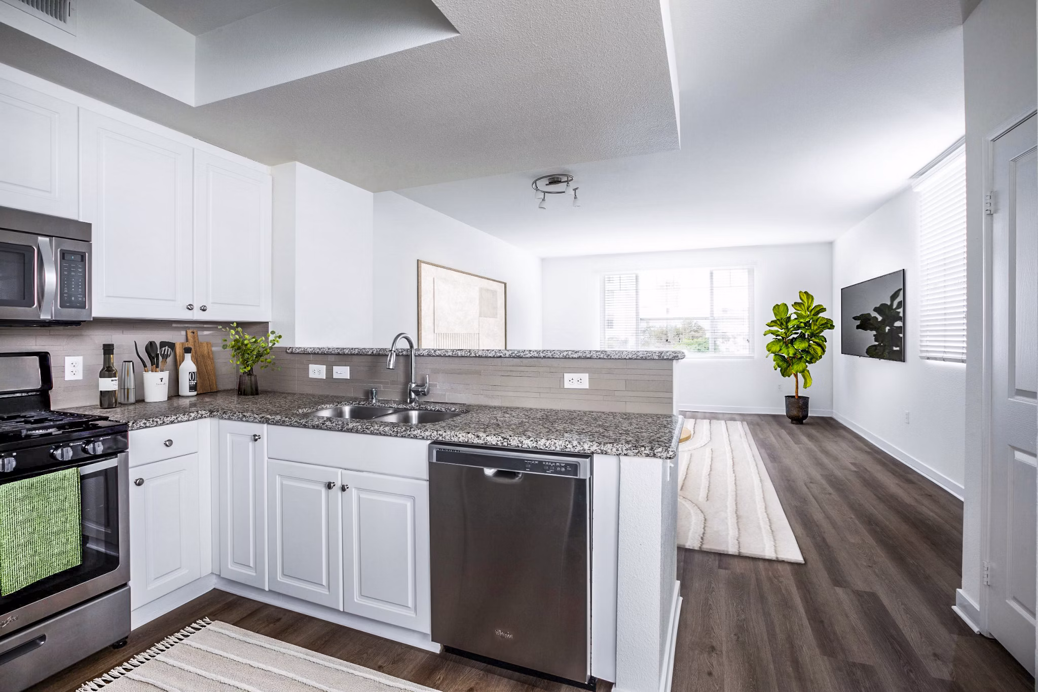 The Heritage Apartments: Modern kitchen with stainless steel appliances and granite countertops