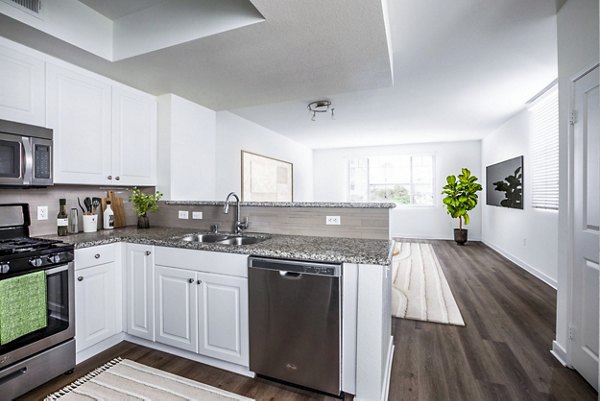 The Heritage Apartments: Modern kitchen with stainless steel appliances and granite countertops