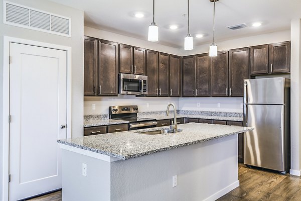 Modern kitchen with stainless steel appliances at Parkside at Avalon Park luxury apartments