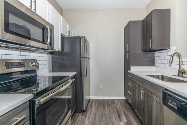 Sleek kitchen with granite countertops and modern appliances at Links at Legacy Ridge Apartments