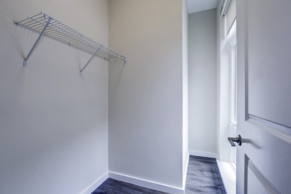 Walk-in bedroom closet with ample storage at Brookland Press Apartments in luxury Greystar property