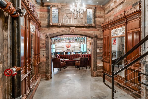 Modern clubhouse with cozy seating at Hecht Warehouse Apartments