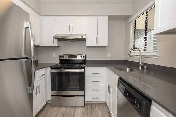 Modern kitchen with stainless steel appliances at Avana Vista Point Apartments