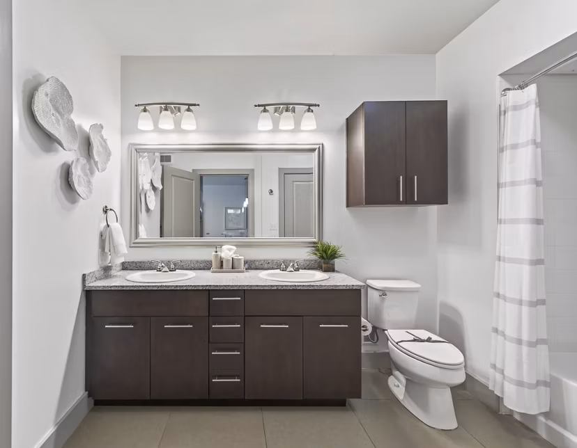Modern bathroom with sleek fixtures at The Landing at Vinnin Square Apartments