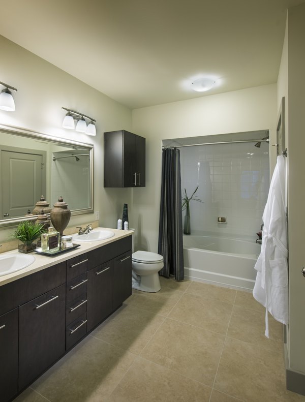 Modern bathroom with sleek fixtures at The Landing at Vinnin Square Apartments