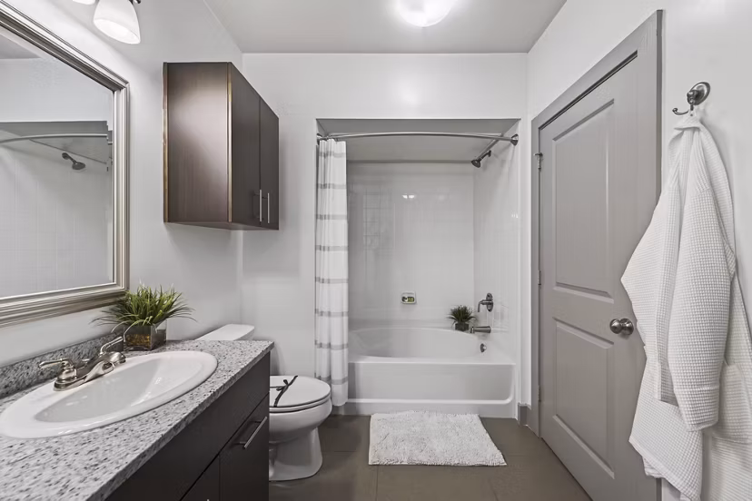 Modern bathroom with sleek fixtures at The Landing at Vinnin Square Apartments