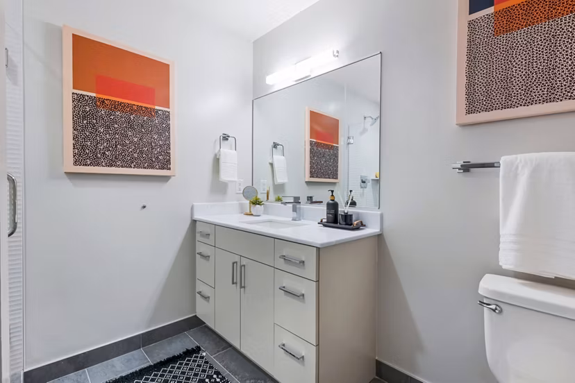 Modern bathroom with sleek fixtures at SoNYa Apartments, a Greystar luxury community in downtown