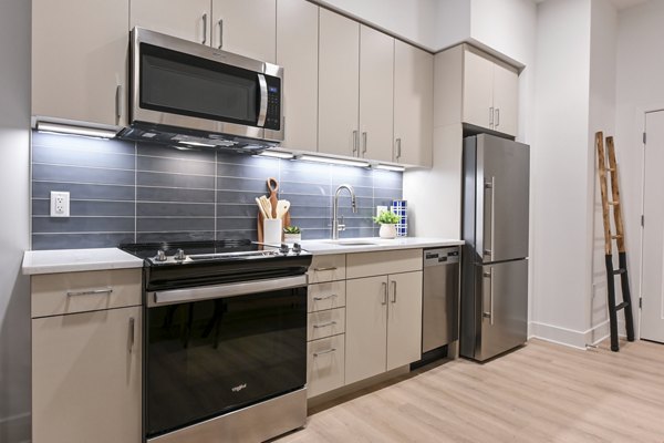 Modern kitchen with stainless steel appliances and granite countertops at SoNYa Apartments