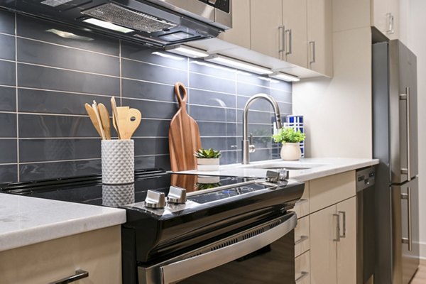 Modern kitchen with stainless steel appliances and a breakfast bar at SoNYa Apartments