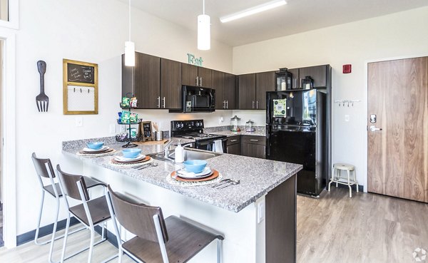 The Edge Apartments kitchen with modern appliances and granite countertops, offering luxury living at Greystar's vibrant community