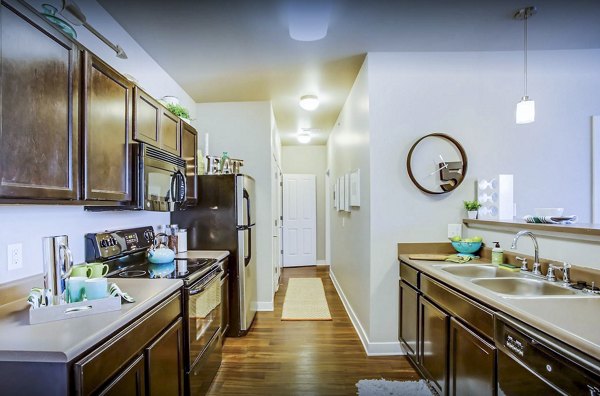 Kitchen featuring modern appliances and quartz countertops at The Langston Apartments, Greystar luxury apartments in a prime urban location