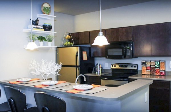 Modern kitchen with stainless steel appliances at The Langston Apartments