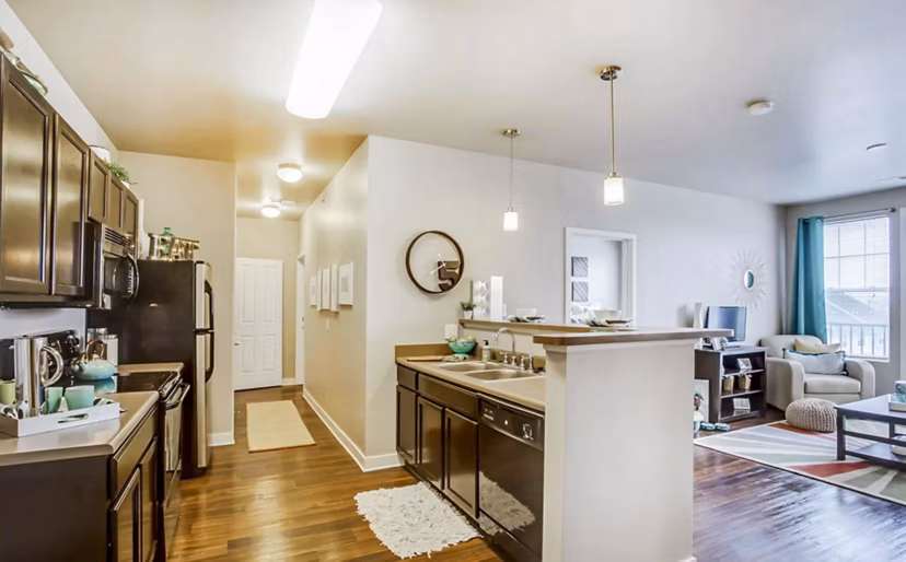 Spacious kitchen with modern appliances in The Langston Apartments, luxury living at Greystar's premier community