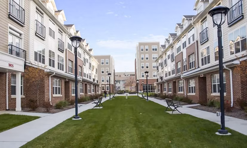 Courtyard with lush greenery at The Langston Apartments, a luxury Greystar property with relaxing outdoor spaces
