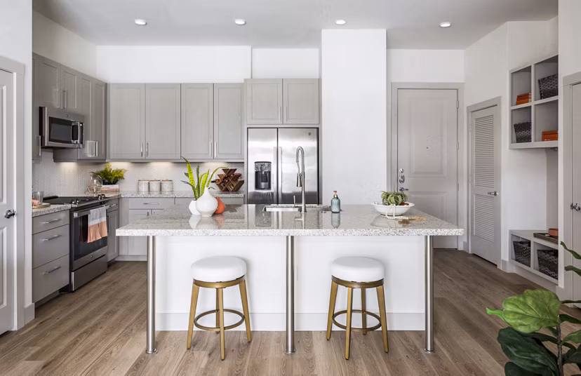 Kitchen with modern appliances and marble countertops in Broadstone North Ridge Apartments, luxury living option nearby major amenities