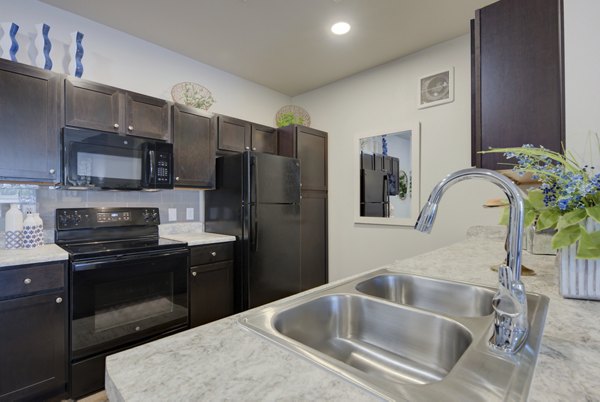 Modern kitchen with stainless steel appliances at Roots at O'Connor Apartments