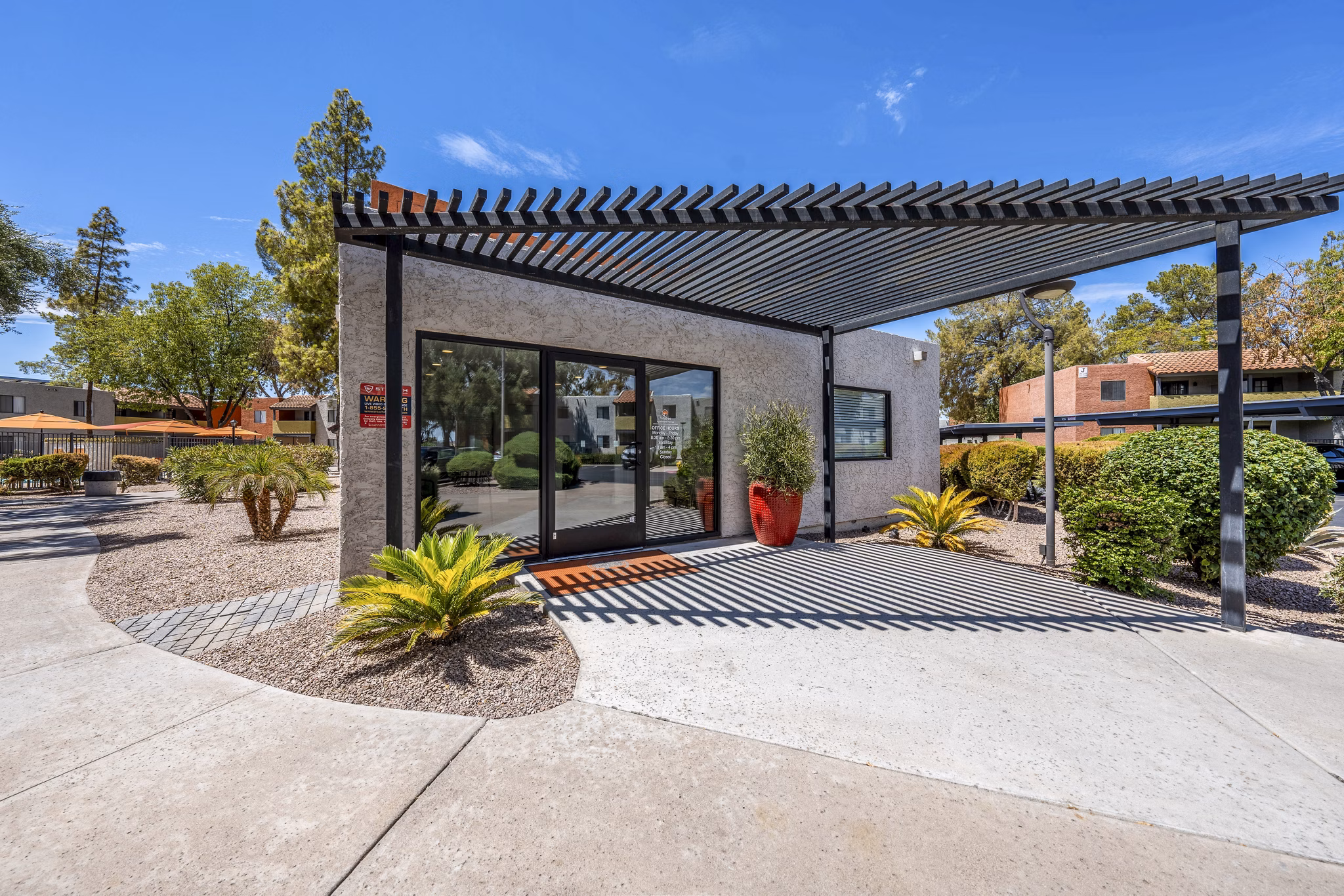 Clubhouse and leasing office with modern decor at Villatree Apartments
